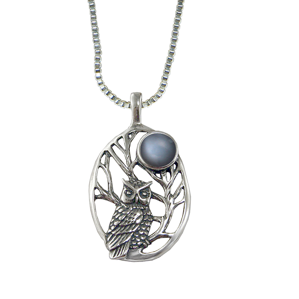 Sterling Silver Sacred Owl Pendant With Grey Moonstone